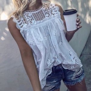Gypsy Boho White Eyelet Lace Sleeveless Blouse
